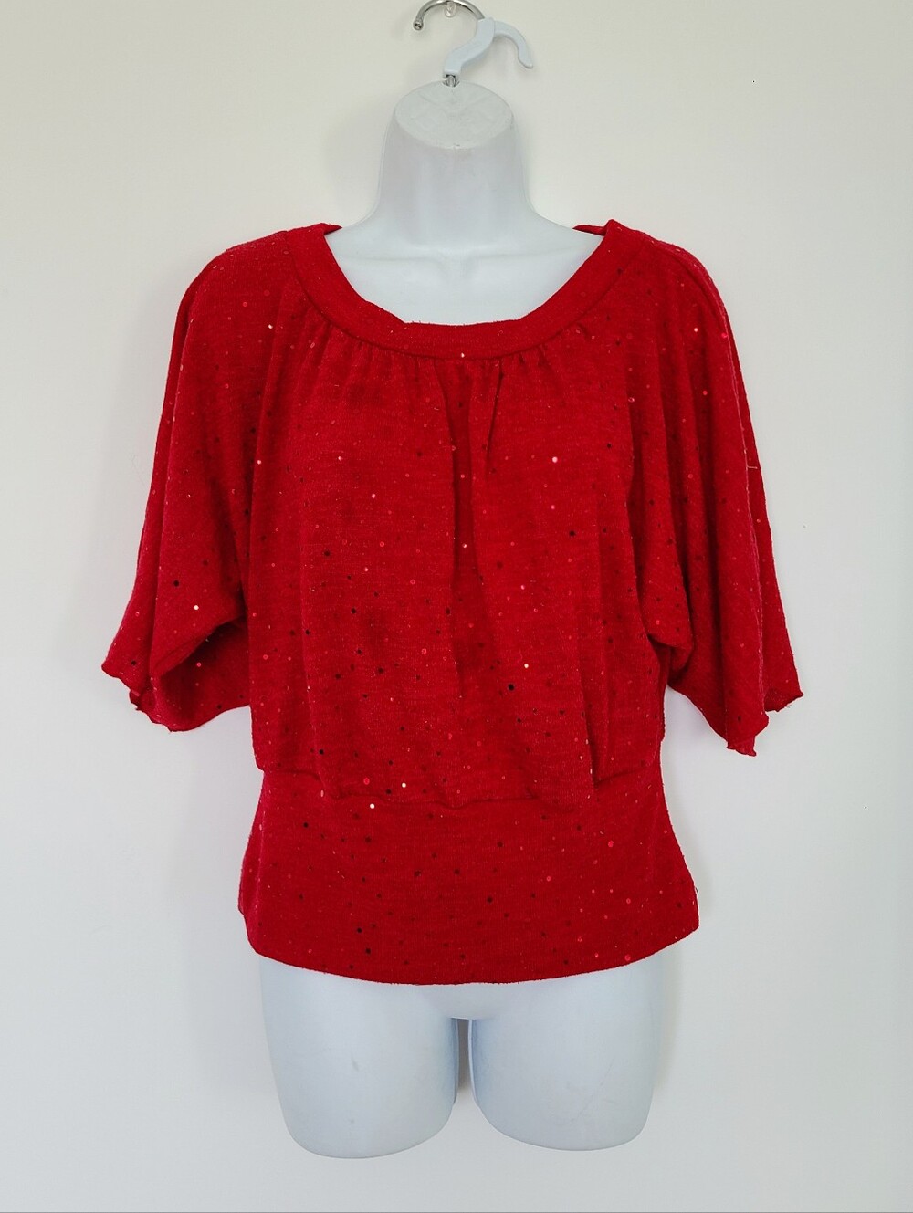 Shimmering Red Sequin Dolman Sleeve Party Blouse, B Wear Byer California